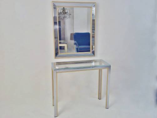 Zevi vintage console table & wall mirror chrome glass & gold metal, 1970`s ca, Italian